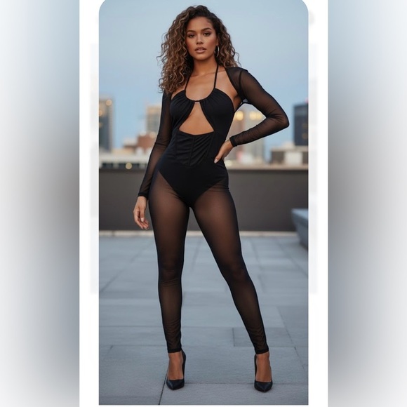 PrettyLittleThing Pants - PrettyLittleThing .  Black Mesh Jumpsuit with Long Sleeves